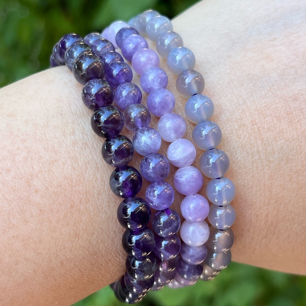 6mm‎ stretchable purple amethyst lepidolite agate bracelet set